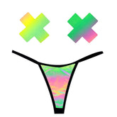 Rainbow Reflective G-String and X Pastie Set for Bold Festival Fashion Black One Size Pasties